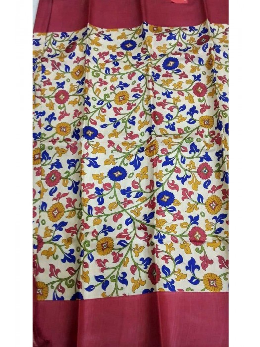 Printed Tussar beige with red border