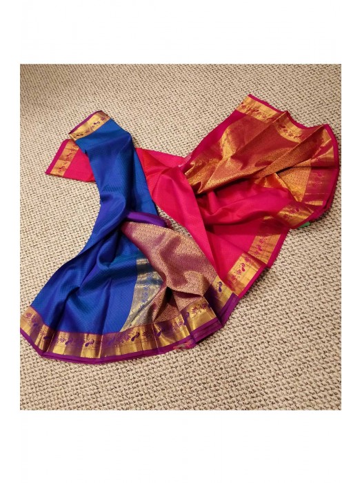 Vermilion Pink textured Kanchi silk with Peacock border