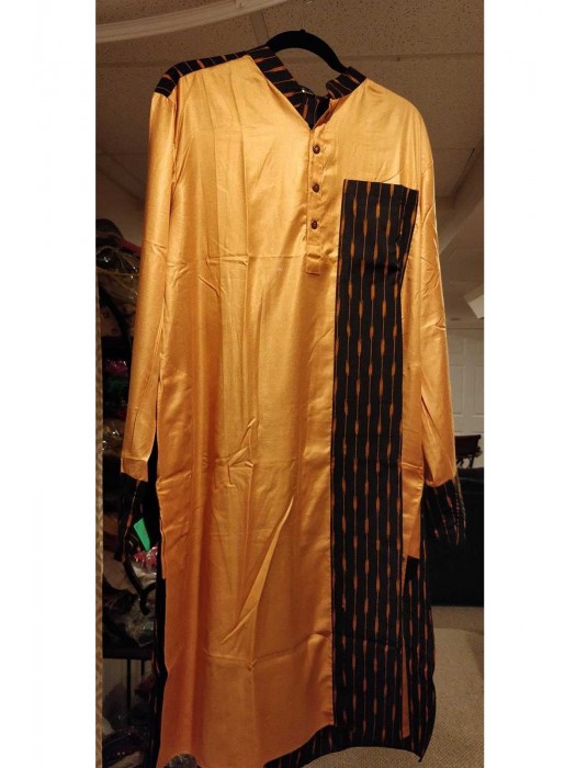Yellow and black cotton silk panjabi with Ikkat long side pocket and back